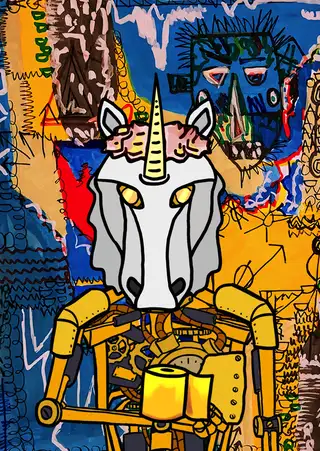 Golden Robocorn — Hashmask #4097, Street Art Background